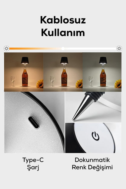 Şarjlı Kablosuz LED Şişe Başlıklı Lamba