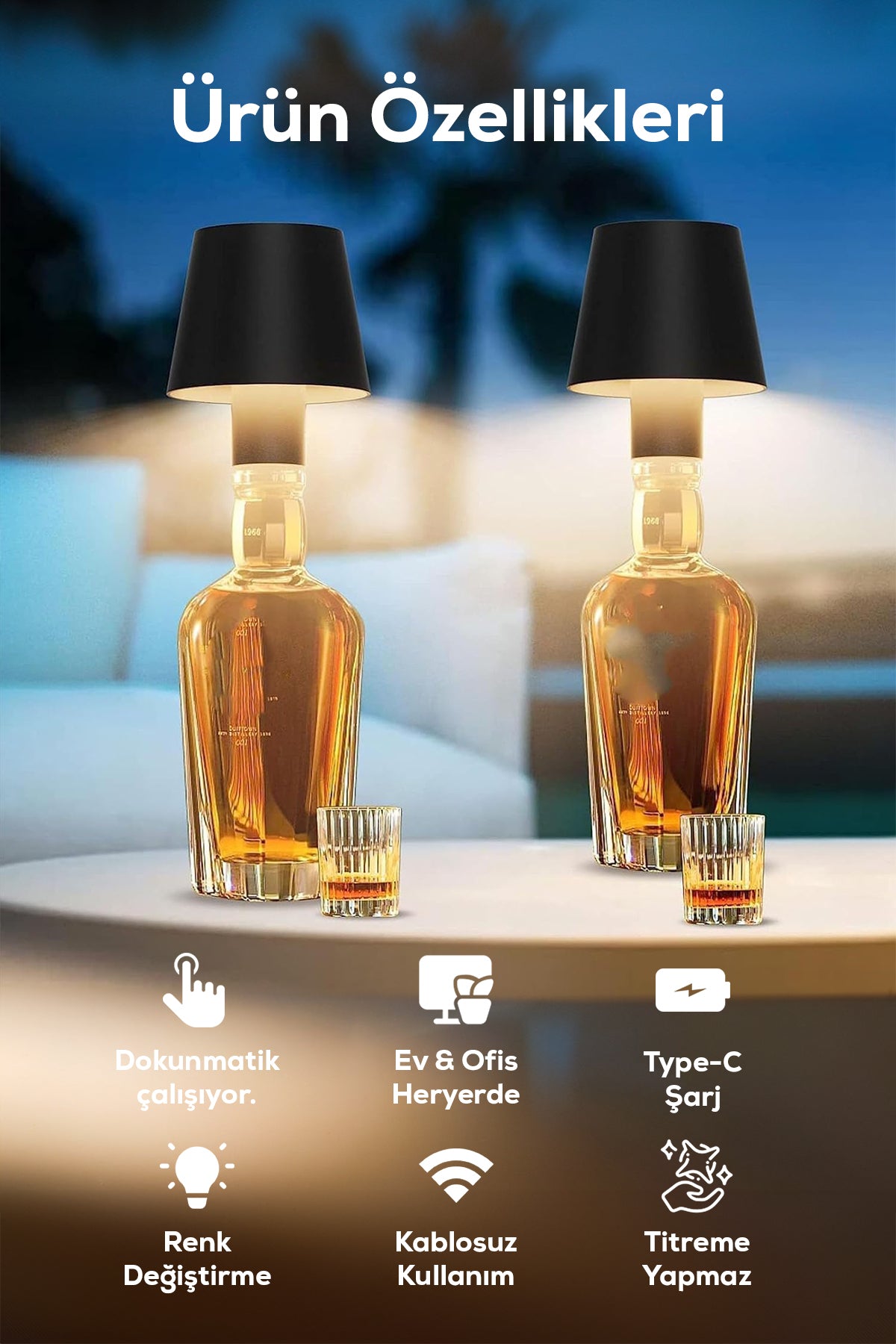 Şarjlı Kablosuz LED Şişe Başlıklı Lamba